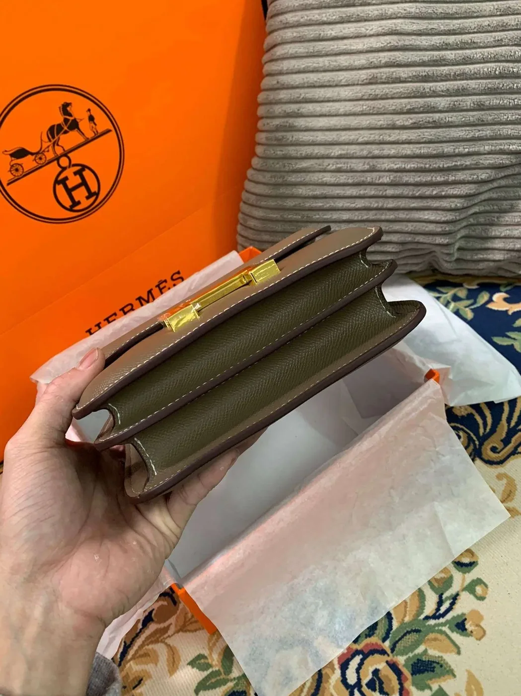 Hermes Constance 18 Crossbody Bag in Khaki Green Gold Hardware