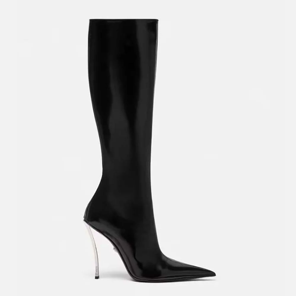 Versace Pin-point Knee-high Boots-105 mm Heel Height for Women in Black Versace Pin-point Knee-high Boots-105 mm Heel Height for Women in Black