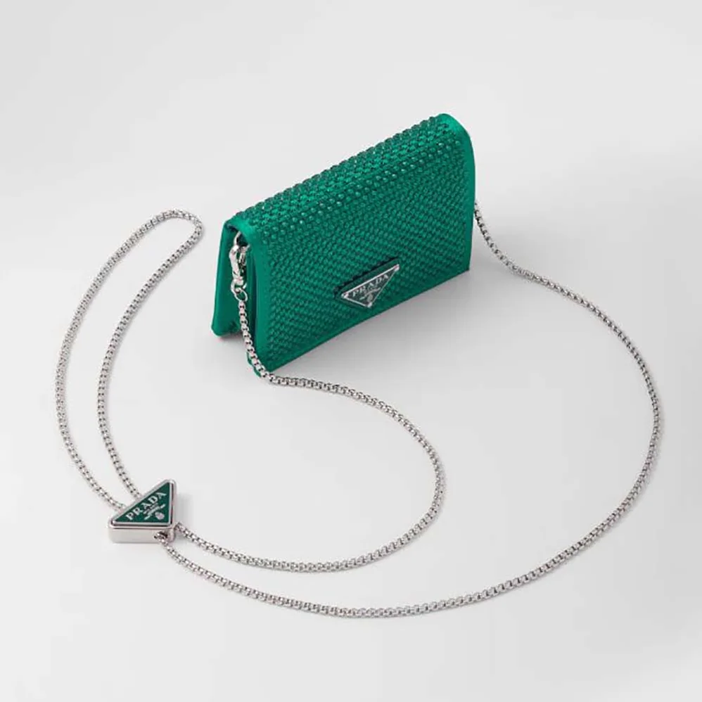 Prada Cardholder with Shoulder Strap and Crystals for Women in Green Prada Cardholder with Shoulder Strap and Crystals for Women in Green