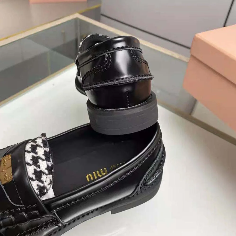 Miu Miu Brushed Leather and Gingham Check Fabric Loafers for Women