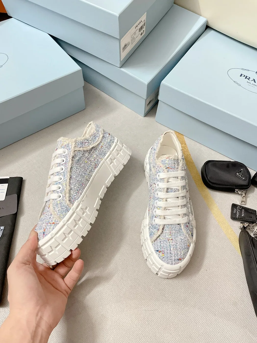 Prada Double Wheel Gabardine Sneakers Light Blue in PRD