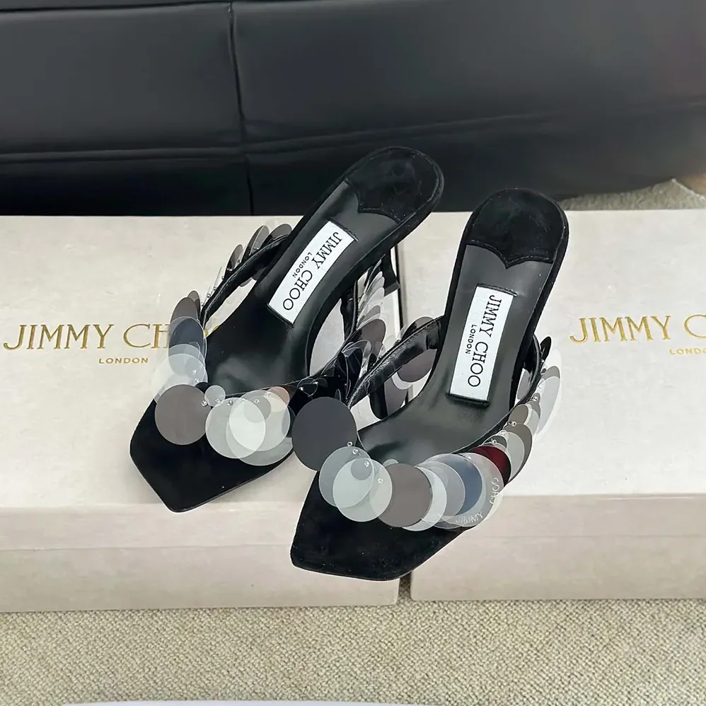 Jimmy Choo Freja 70 Black Suede Paillette Sandals for Women