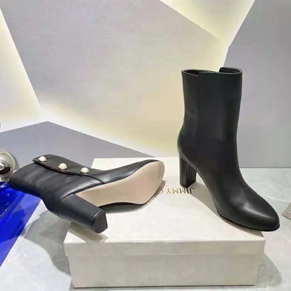 Jimmy Choo Black Nappa Leather Mid for Women in Calf Boots with Pearls Jimmy Choo Black Nappa Leather Mid for Women in Calf Boots with Pearls
