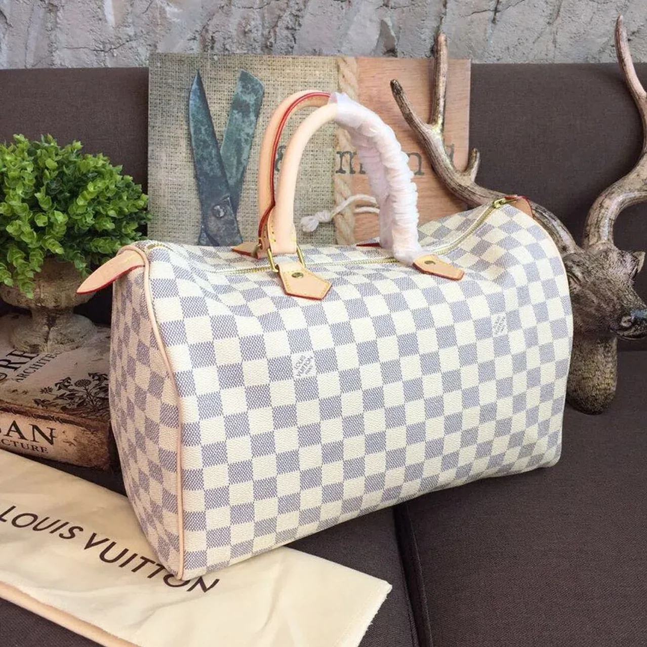 Louis Vuitton Speedy 35 Top Handle Bag / White Damier Azur Canvas Gold Hardware