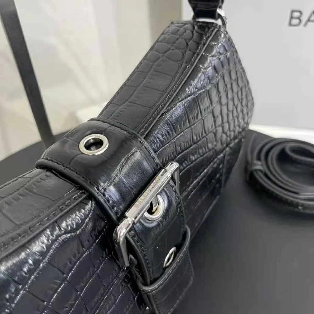 Balenciaga Lindsay Small Shoulder Bag with Strap Crocodile Embossed for Women in Black