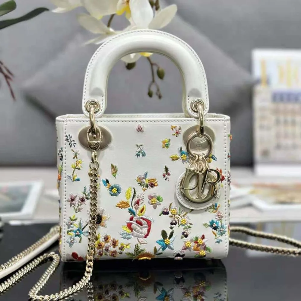 Dior Mini Lady Dior Bag Latte Calfskin Embroidered with Multicolor Small Flowers for Women