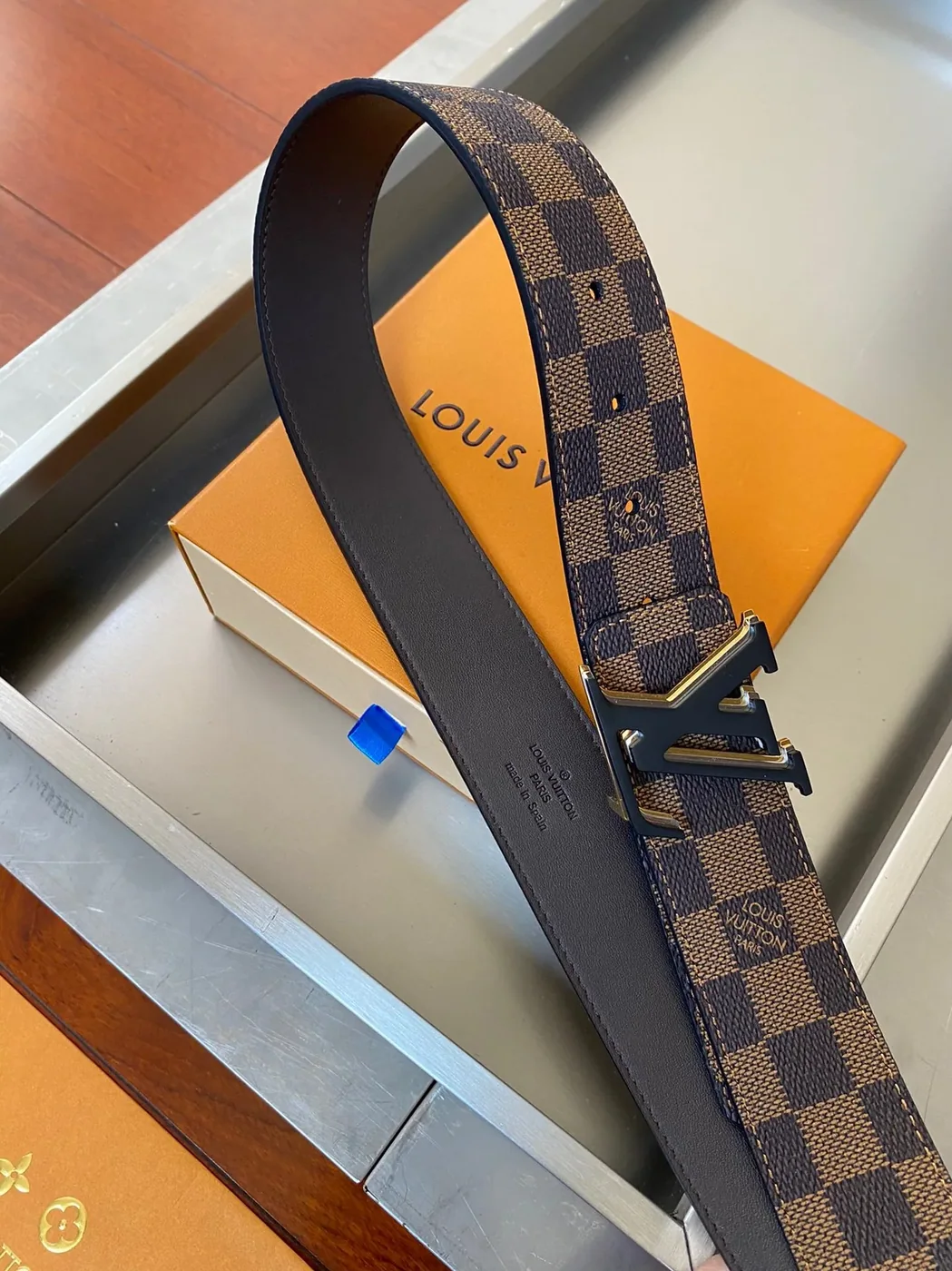 Louis Vuitton Initiales Reversible LV Belt with Damier Ebene Canvas Gold Toned Hardware Louis Vuitton Initiales Reversible LV Belt with Damier Ebene Canvas Gold Toned Hardware