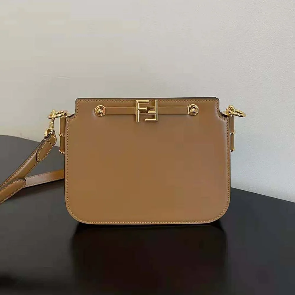 Fendi Touch Leather Bag with A Metal FF Clasp for Women in Brown