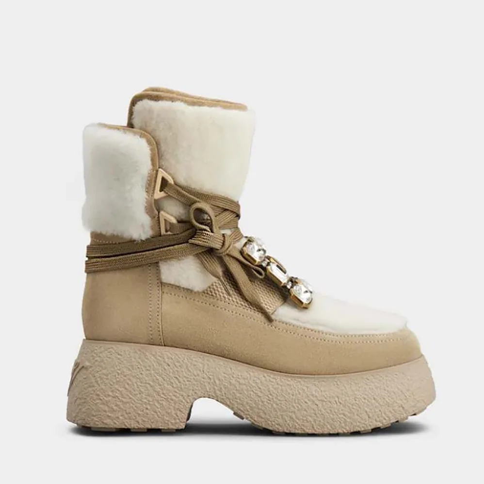 Roger Vivier Viv' Rangers Strass Buckle Flatform Booties in Suede for Women in Beige Roger Vivier Viv' Rangers Strass Buckle Flatform Booties in Suede for Women in Beige