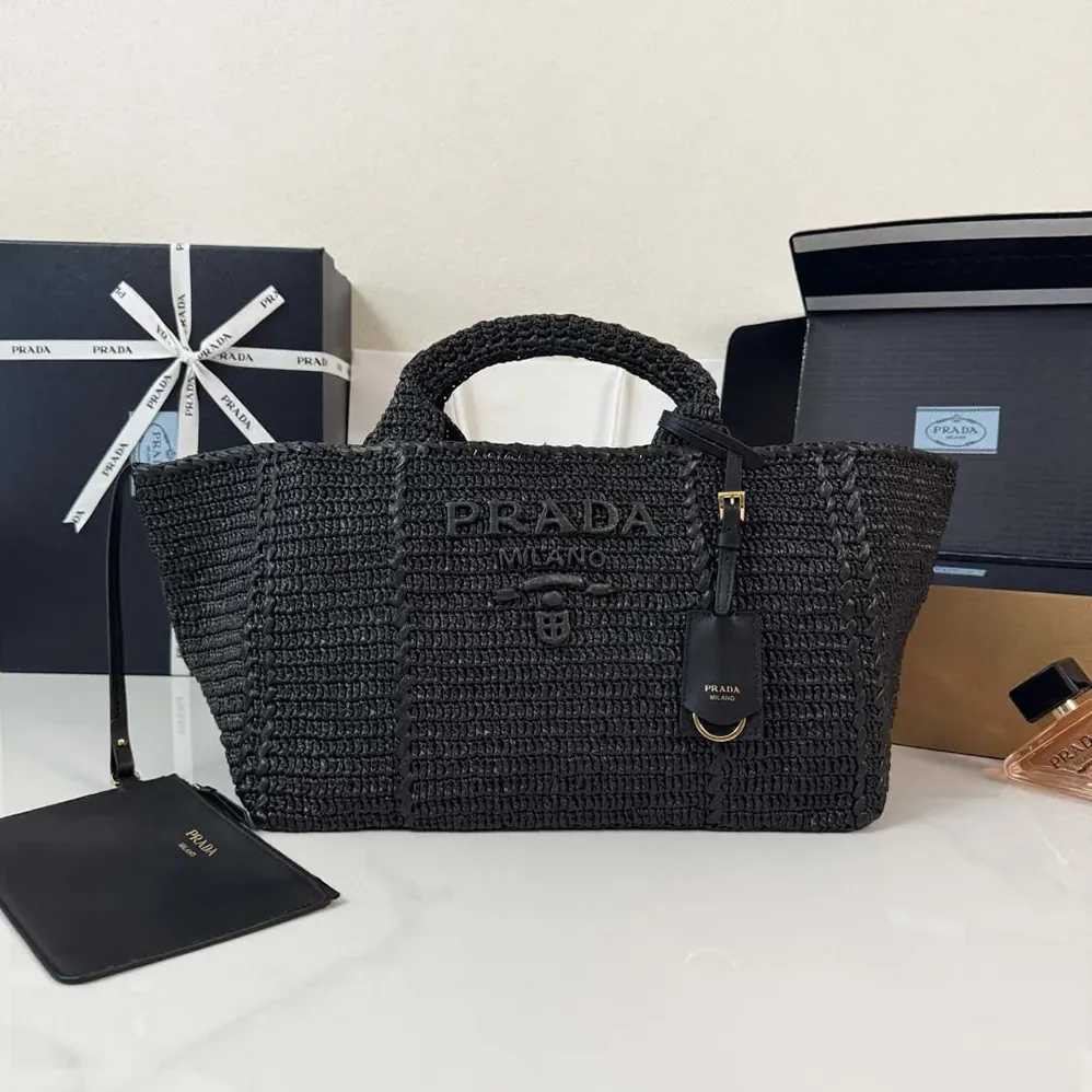 Prada Large Crochet Tote Bag with Leather Details for Women in Black