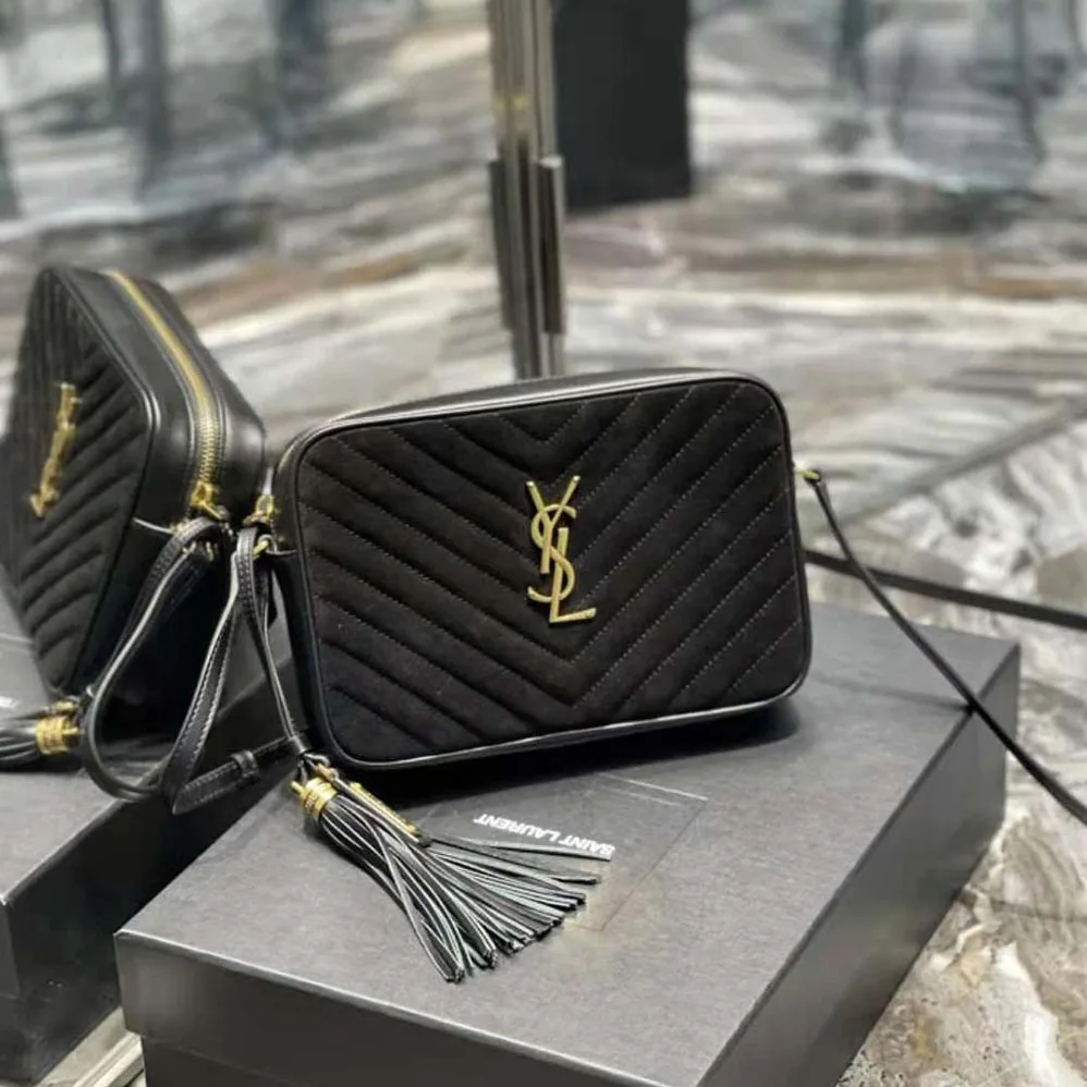 Saint Laurent YSL Lou Camera Bag in Quilted Suede and Smooth Leather for Women in Black