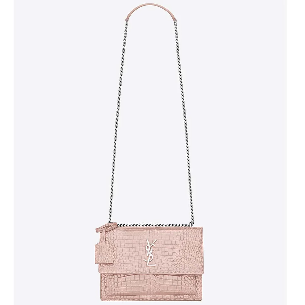 Saint Laurent YSL Sunset Medium Crocodile Embossed Shiny for Women in Pink Saint Laurent YSL Sunset Medium Crocodile Embossed Shiny for Women in Pink
