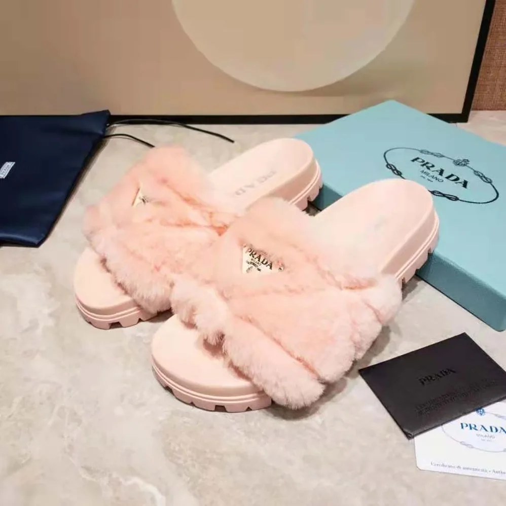 Prada Shearling Slides in 20mm Heel for Women in Pink Prada Shearling Slides in 20mm Heel for Women in Pink