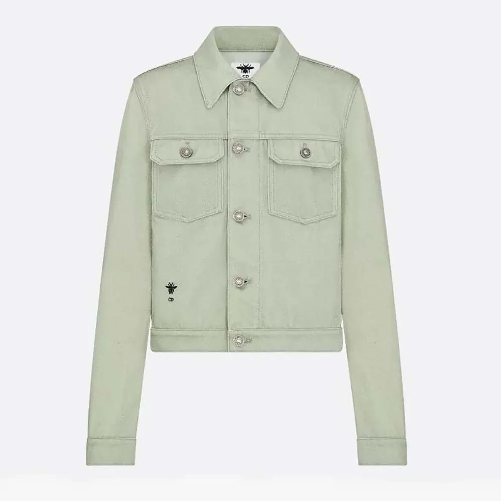 Dior Jacket Cotton Denim with Sage Green Dior Astral Flowers Motif for Women Dior Jacket Cotton Denim with Sage Green Dior Astral Flowers Motif for Women