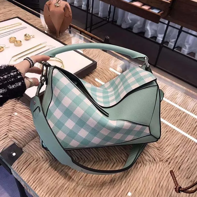 Loewe Puzzle Gingham Bag in Calfskin for Women in Lime Loewe Puzzle Gingham Bag in Calfskin for Women in Lime