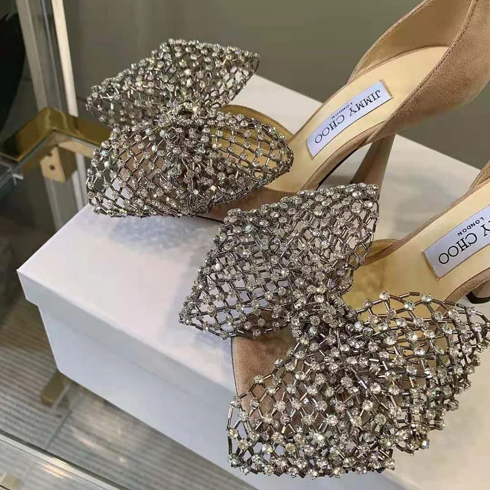 Jimmy Choo Mana 100 Ballet Pink Suede Sandals with Crystal Bow Clasp for Women Jimmy Choo Mana 100 Ballet Pink Suede Sandals with Crystal Bow Clasp for Women