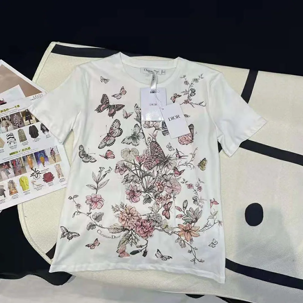 Dior T-Shirt White Cotton Jersey with Pastel Pink Toile de Jouy Mexico Motif for Women Dior T-Shirt White Cotton Jersey with Pastel Pink Toile de Jouy Mexico Motif for Women