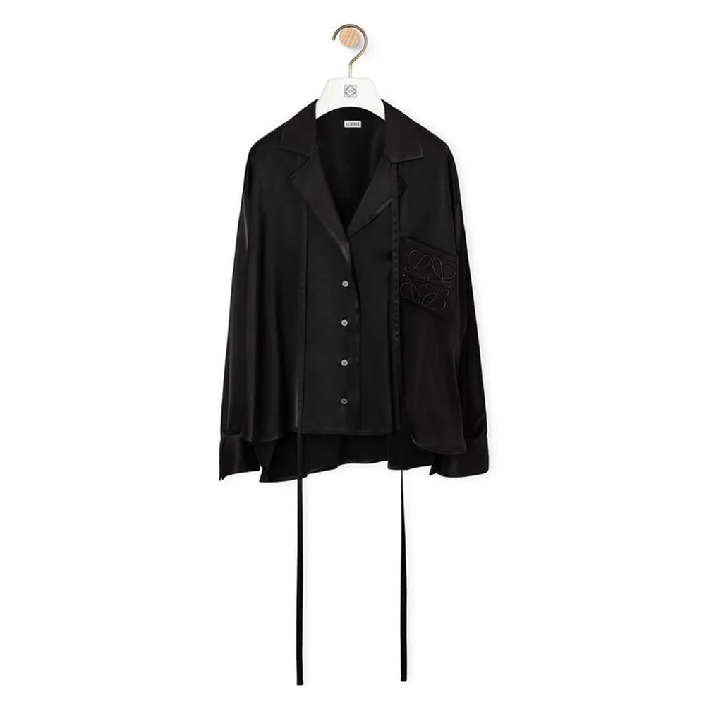 Loewe Anagram Embroidered Pyjama Blouse in Satin for Women in Black Loewe Anagram Embroidered Pyjama Blouse in Satin for Women in Black