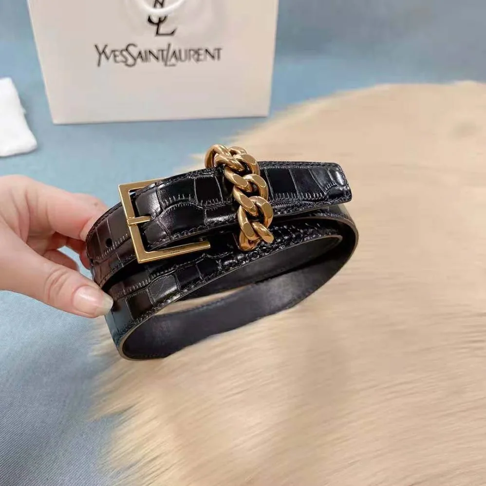 Saint Laurent YSL Chain-loop Narrow Belt with Square Buckle in Lacquered Python for Women