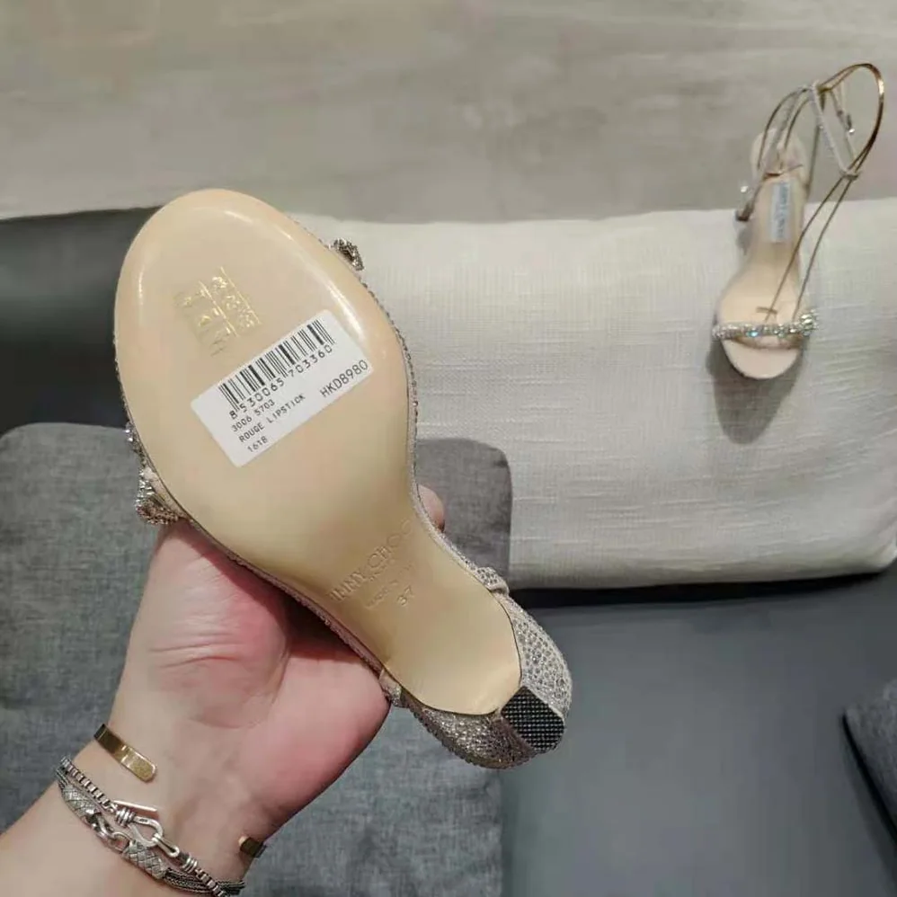 Jimmy Choo Thyra 100 Nude Suede Sandals with Pavé Crystal Cord Detail for Women Jimmy Choo Thyra 100 Nude Suede Sandals with Pavé Crystal Cord Detail for Women