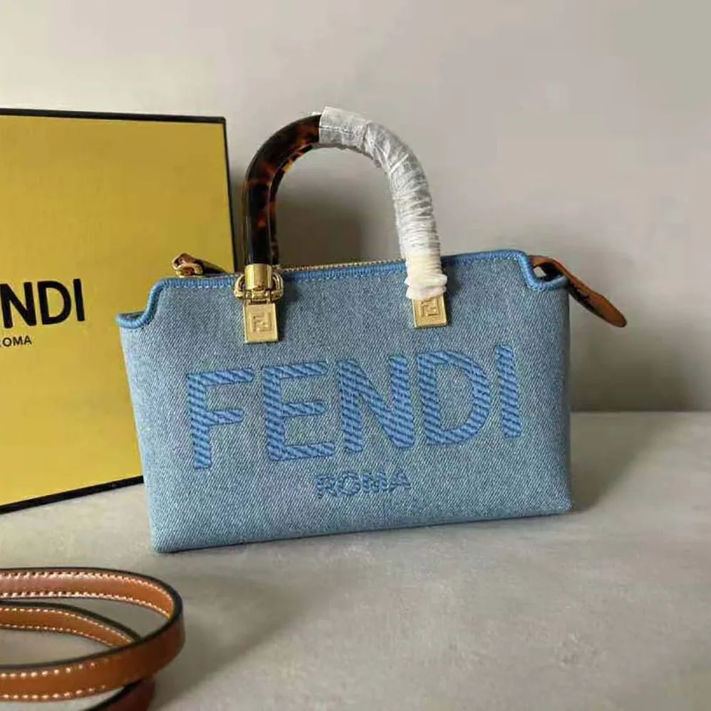 Fendi By The Way Mini Light Blue Denim Small Boston Bag for Women