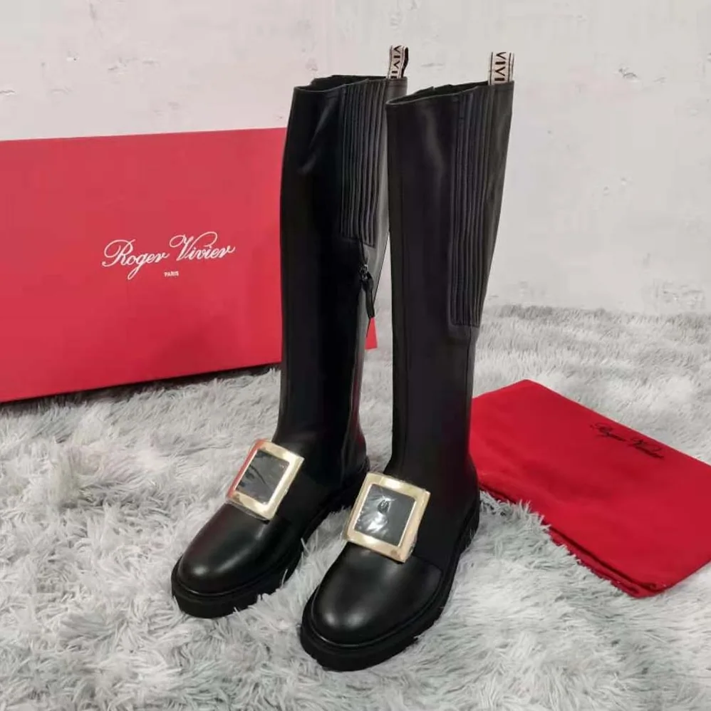 Roger Vivier Rangers Metal Buckle Boots in Leather for Women in Black