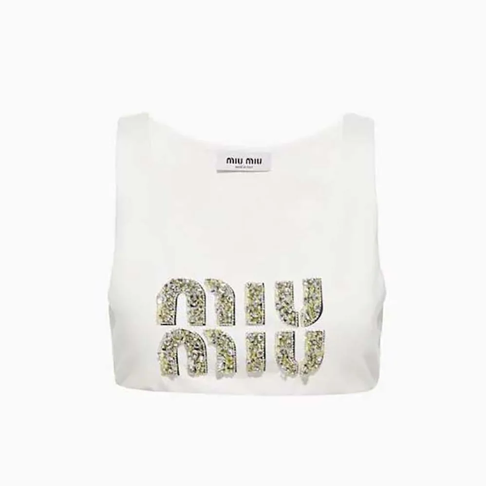 Miu Miu Embroidered Jersey Top with Embroidered Logo for Women Miu Miu Embroidered Jersey Top with Embroidered Logo for Women