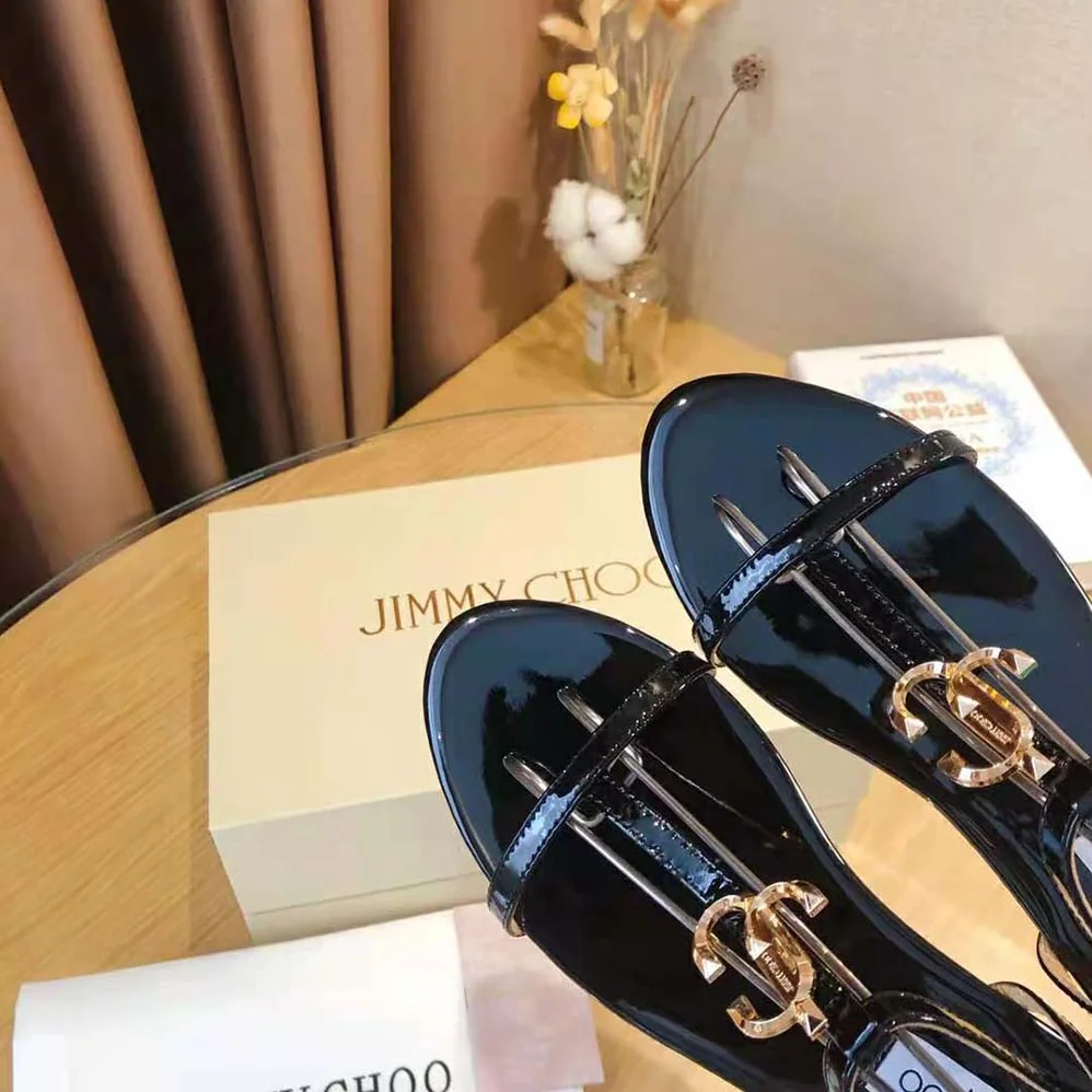 Jimmy Choo Alodie Flat Black Nappa and Patent Leather Flat Sandals for Women Jimmy Choo Alodie Flat Black Nappa and Patent Leather Flat Sandals for Women