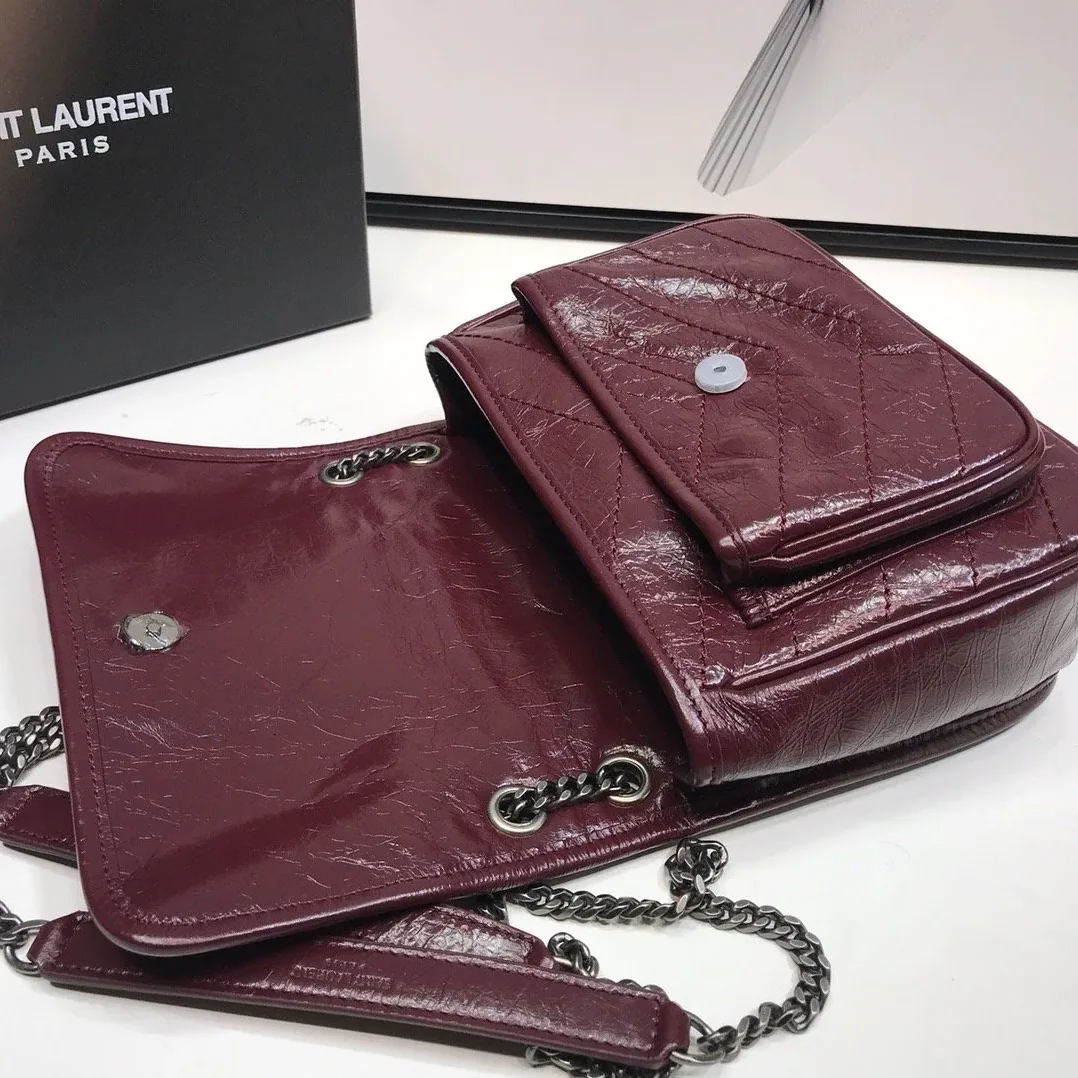 Saint Laurent Niki Baby Chain Bag In Crinkled Vintage Burgundy in YSL Saint Laurent Niki Baby Chain Bag In Crinkled Vintage Burgundy in YSL