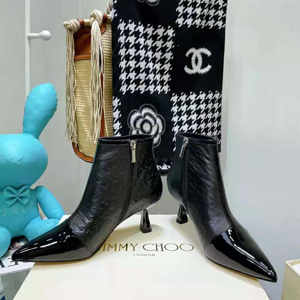 Jimmy Choo Kix/Z 65 Black Patent and JC Monogram Leather Ankle Boots for Women