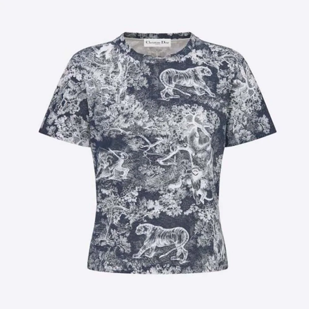 Dior T-shirt Navy Blue Toile de Jouy Cotton and Linen Jersey for Women