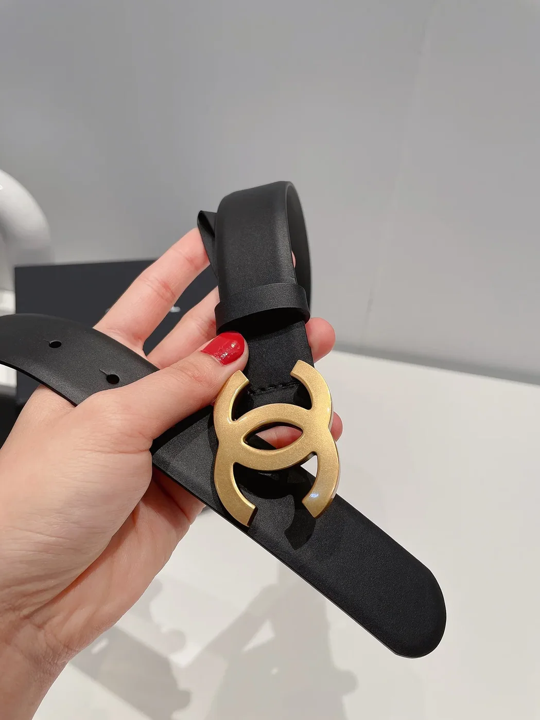 Chanel Gold Tone Interlocking C Buckle Belt Black