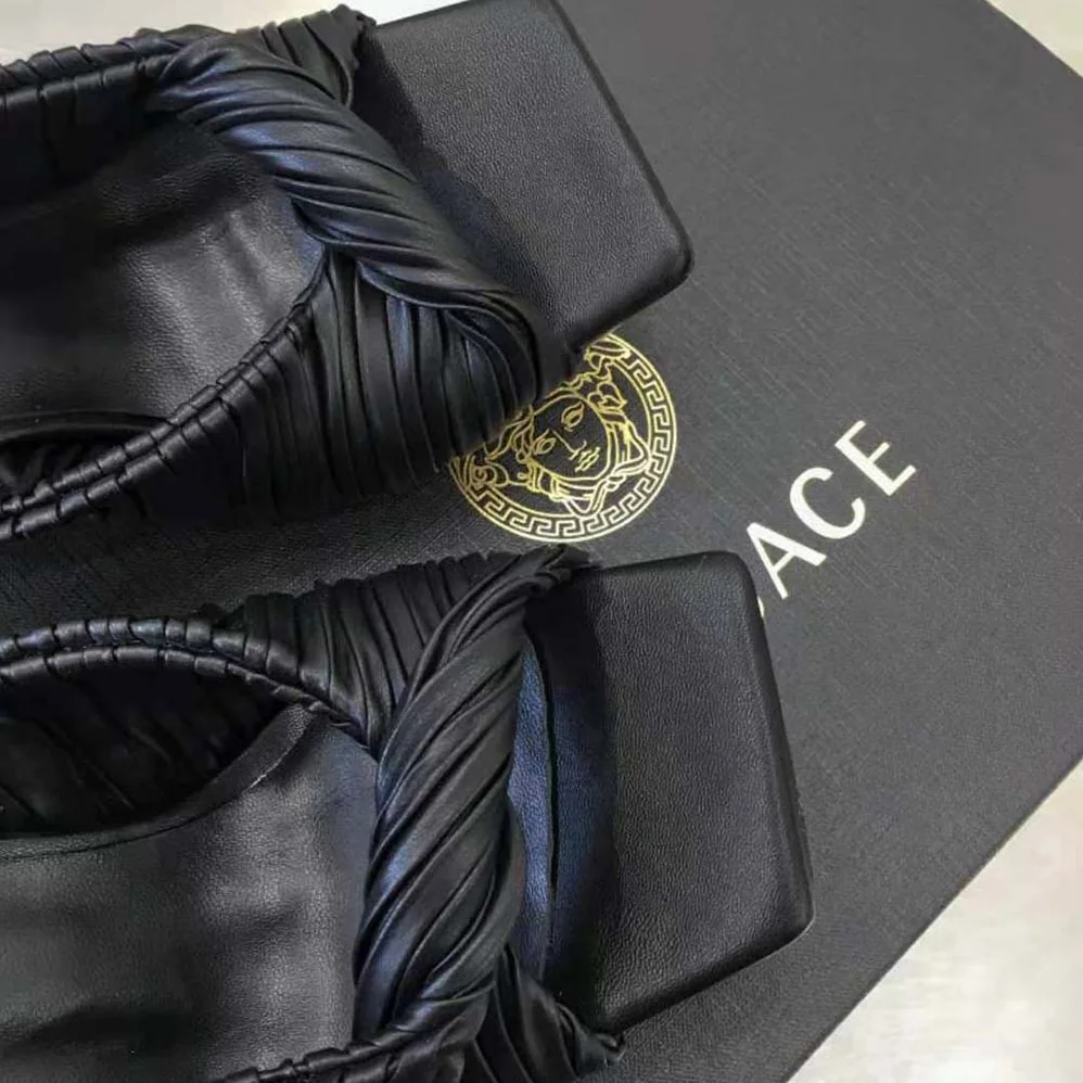 Versace Plisse Nappa Leather Mules in 11cm Heel for Women in Black Versace Plisse Nappa Leather Mules in 11cm Heel for Women in Black