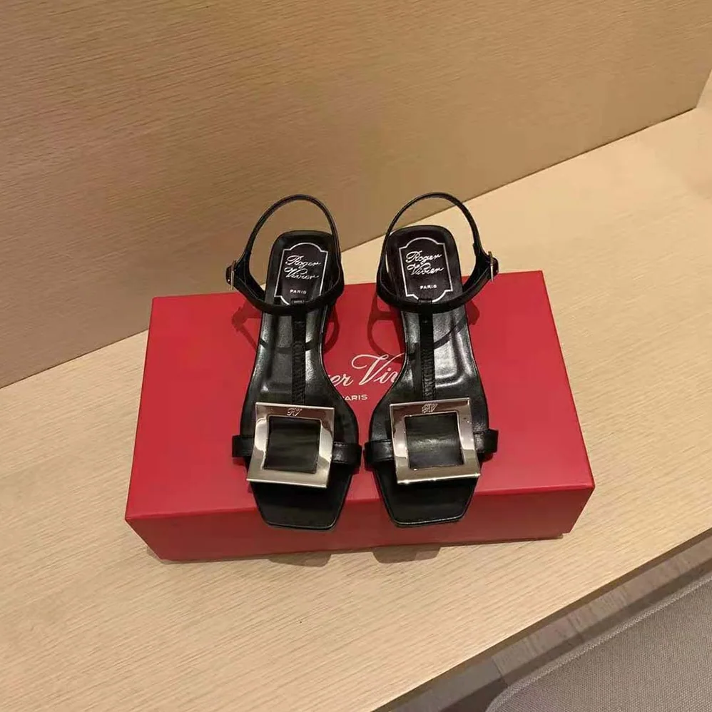 Roger Vivier Bikiviv' Metal Buckle Sandals in Leather for Women in Black Roger Vivier Bikiviv' Metal Buckle Sandals in Leather for Women in Black