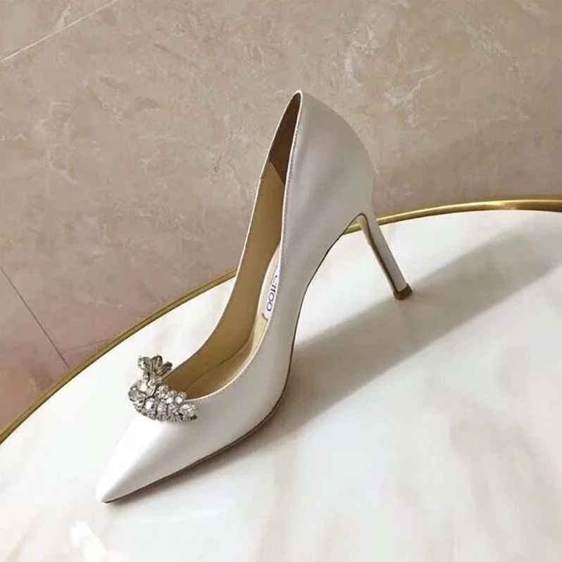 Jimmy Choo Shoes Romy 85 Lvory Satin Pointy Toe Pumps with Crystal Tiara for Women