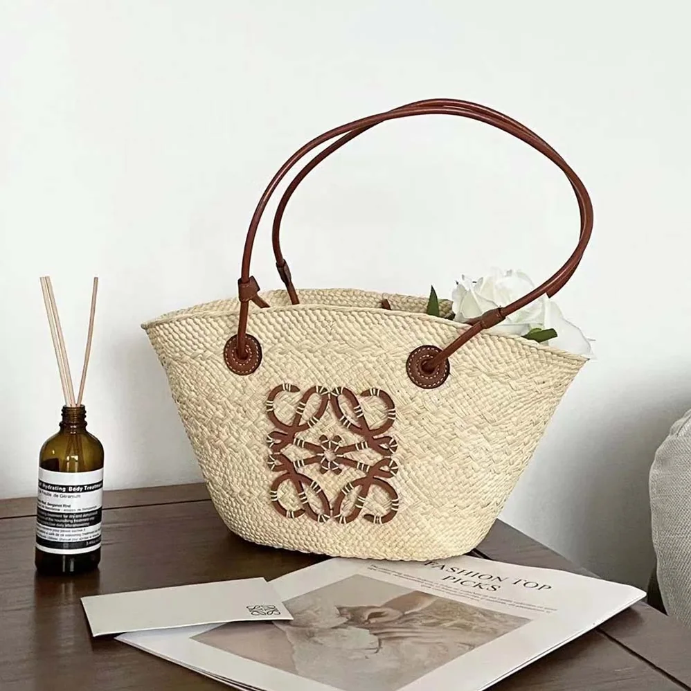 Loewe Small Anagram Basket Bag in Iraca Palm and Calfskin for Women