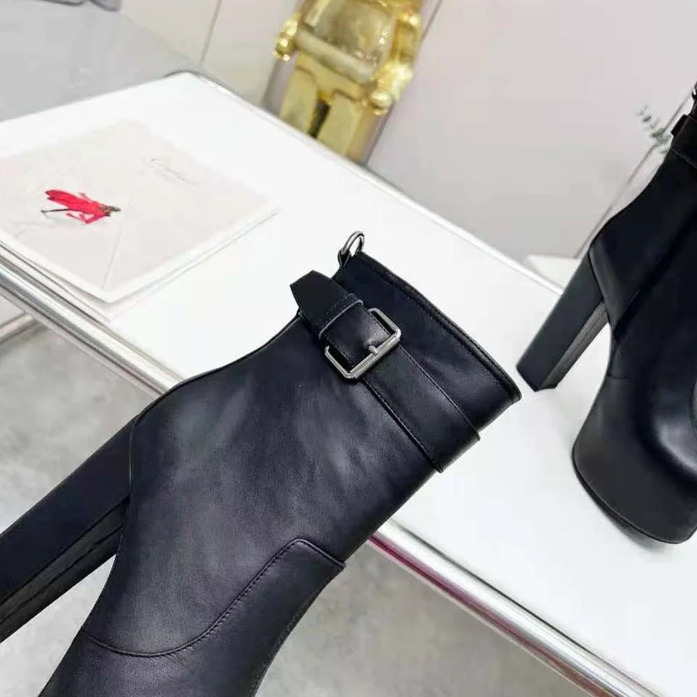 Saint Laurent YSL Cherry Buckle Platform Booties in Smooth Leather for Women