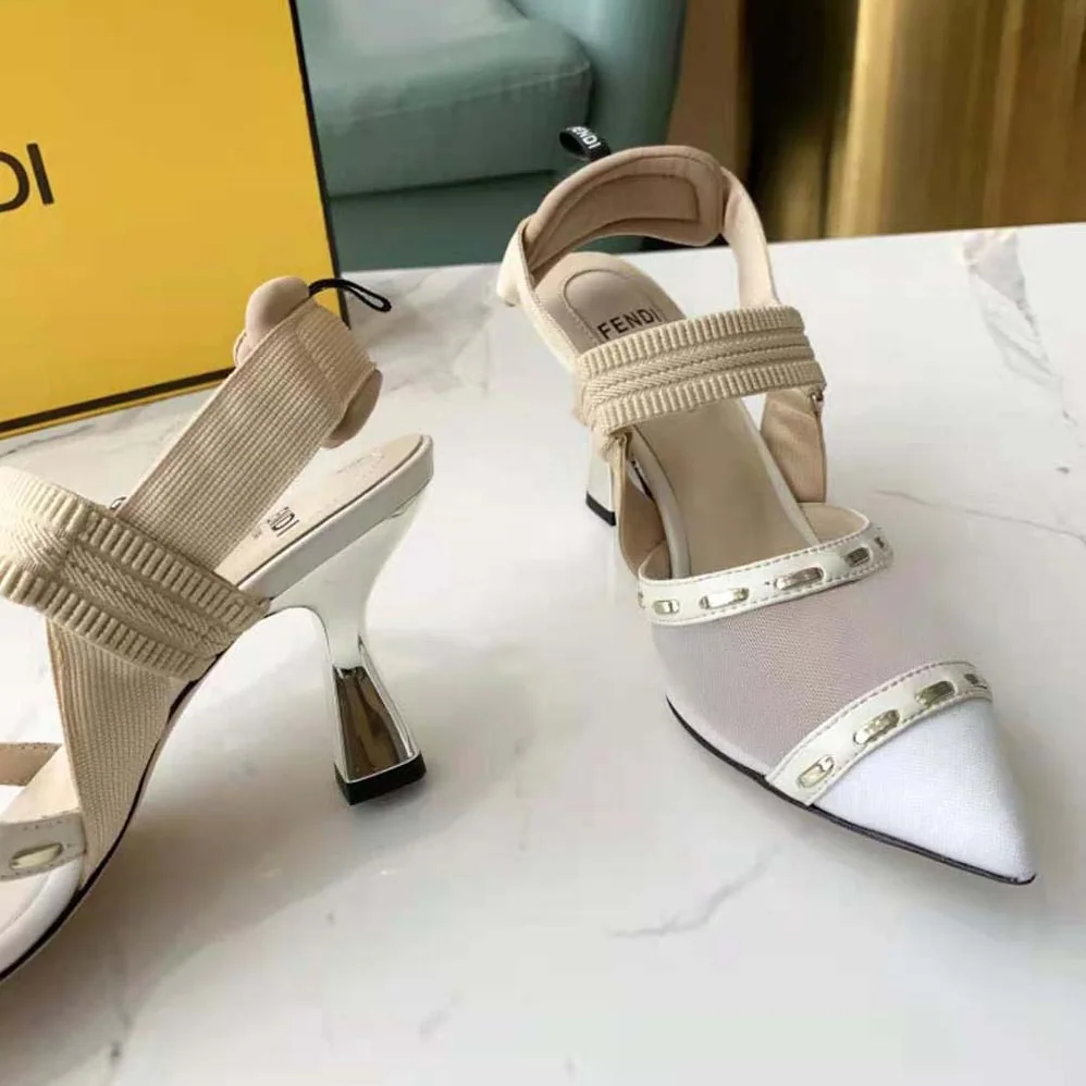 Fendi Colibri Pink Mesh High-Heel Slingbacks with Metal Stitches for Women Fendi Colibri Pink Mesh High-Heel Slingbacks with Metal Stitches for Women