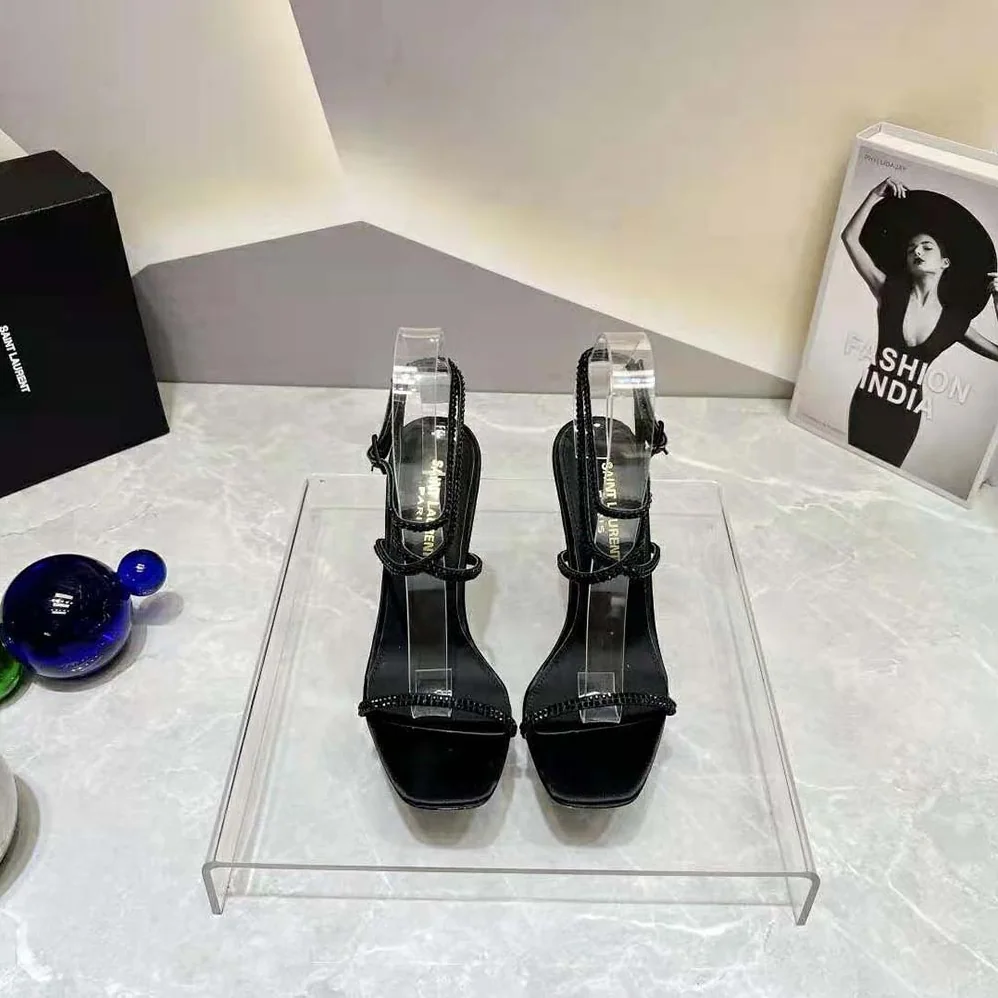 Saint Laurent YSL Opyum Sandals in Crepe Satin and Rhinestones for Women