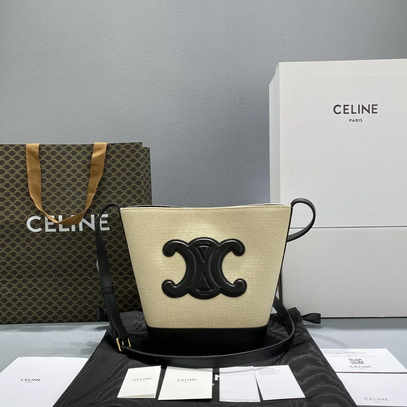 Celine Small Bucket Cuir Triomphe In Textile Beige in Black / Celine Small Bucket Cuir Triomphe In Textile Beige in Black /