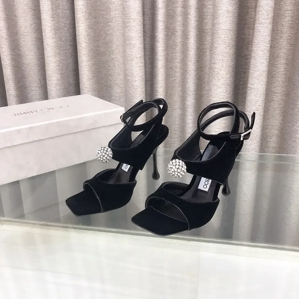 Jimmy Choo Orb 95 Black Velvet Sandals for Women