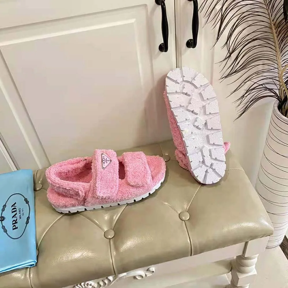 Prada Terrycloth Sandals with Enameled Metal Triangle Logo for Women in Pink