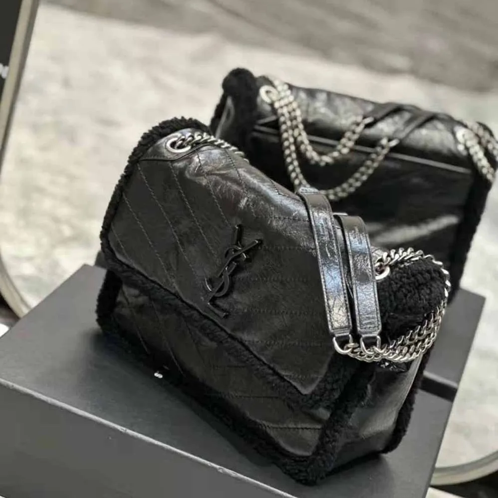 Saint Laurent YSL Niki Medium Chain Bag in Crinkled Leather and Shearling for Women Saint Laurent YSL Niki Medium Chain Bag in Crinkled Leather and Shearling for Women