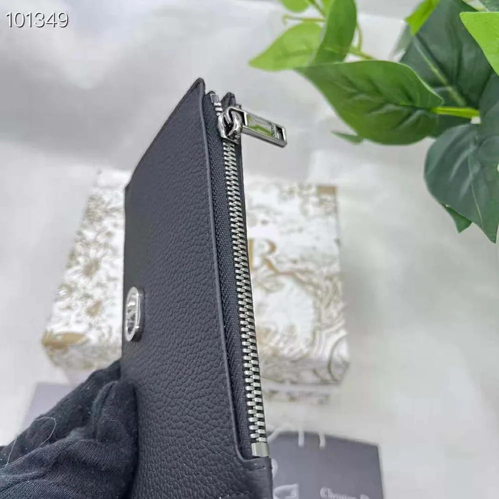 Dior Zipped Card Holder Black Grained Calfskin with CD Icon Signature for Men