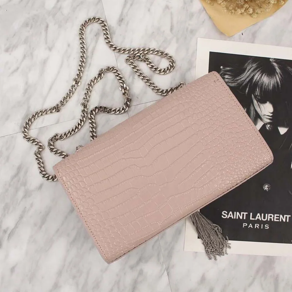 Saint Laurent YSL Kate Small Tassel Embossed Crocodile Shiny Calfskin for Women in Pink