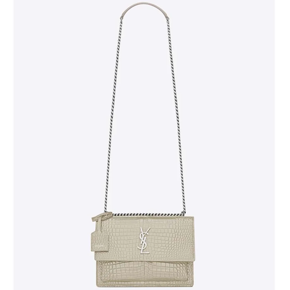 Saint Laurent YSL Sunset Medium Crocodile Embossed Shiny for Women in White Saint Laurent YSL Sunset Medium Crocodile Embossed Shiny for Women in White