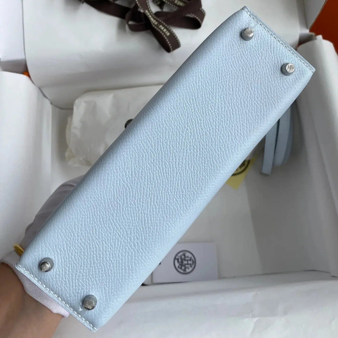 Hermes Kelly Mini Top Handle Bag / Sky Blue Epsom Palladium Hardware Hermes Kelly Mini Top Handle Bag / Sky Blue Epsom Palladium Hardware
