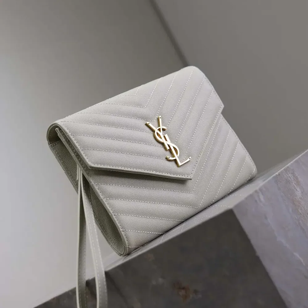 Saint Laurent YSL Cassandre Matelassé Flap Pouch In Grain De Poudre Leather White for Women