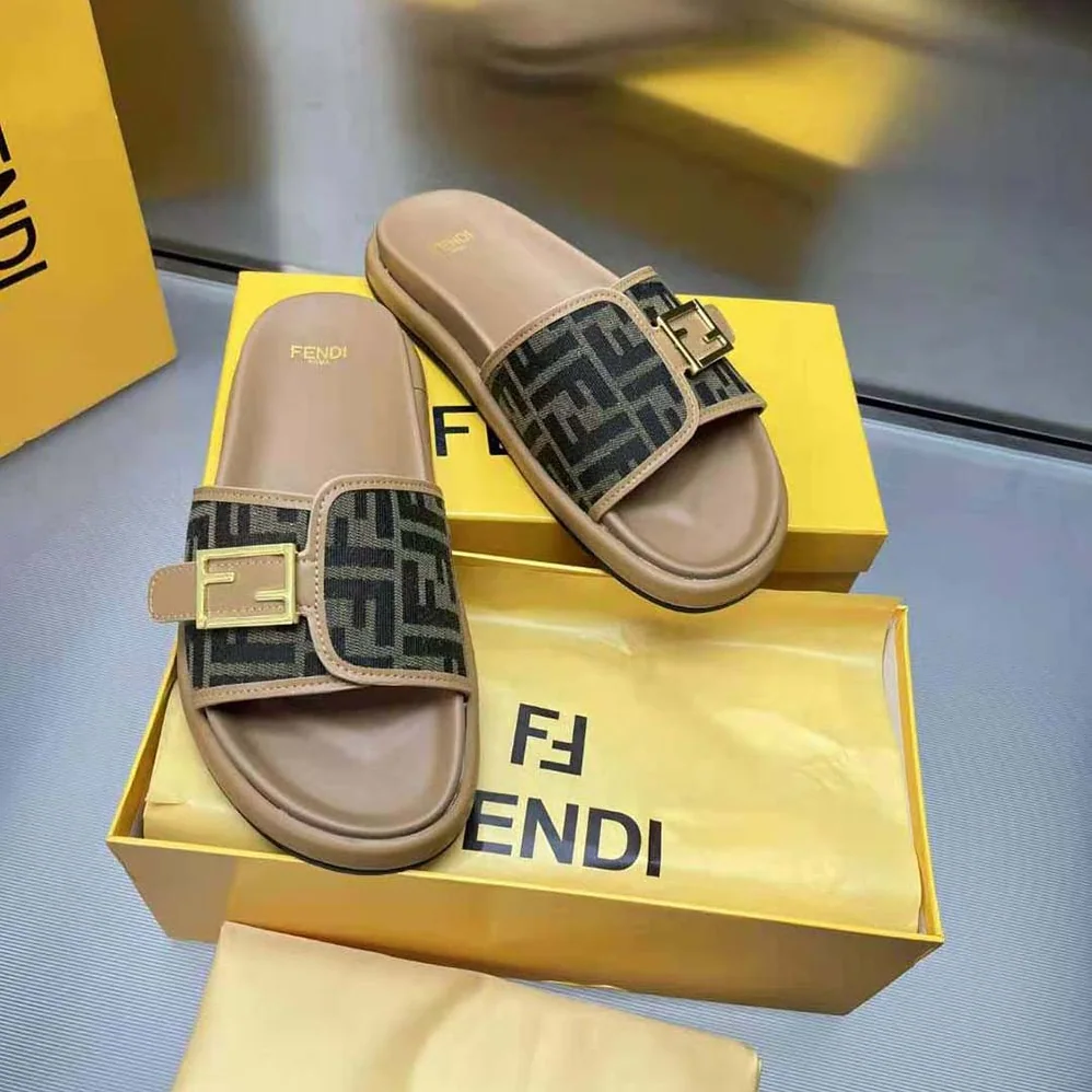 Fendi Feel Brown Fabric Slides for Women