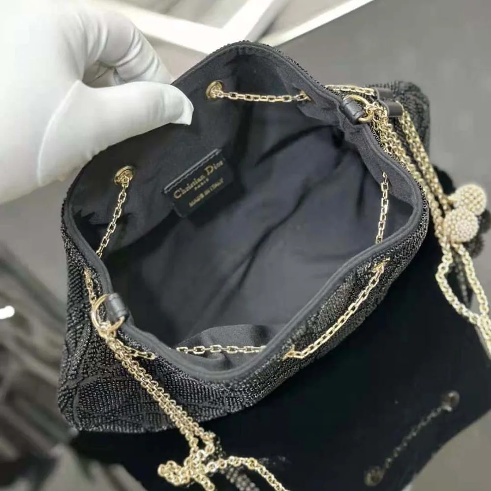 Dior Dior Dream Bucket Bag Black Cannage Cotton with Bead Embroidery for Women